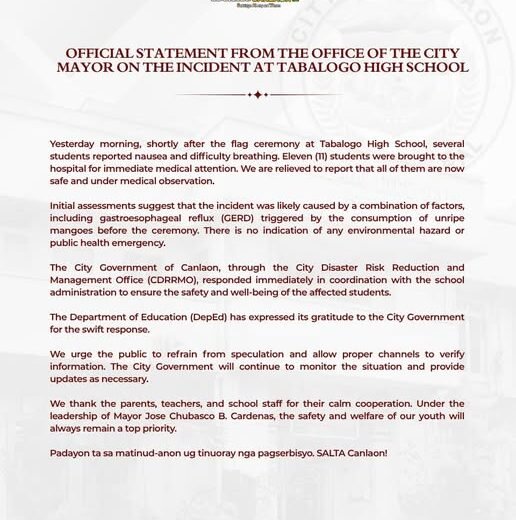 Official Statement from the Office of the City Mayor Regarding the Tabalogo High School Incident